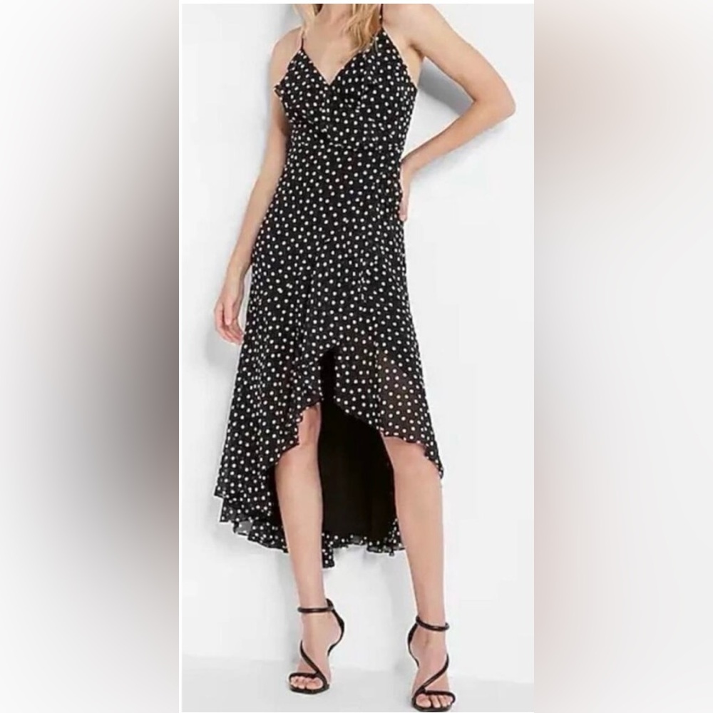 Express Black Polka Dot High and Low Ruffle Hem Dress size Medium NWT